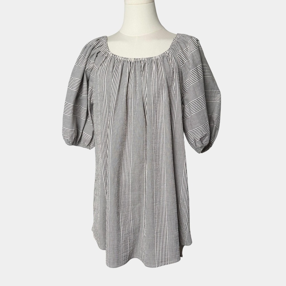Self Contrast Pull Over Top Women S White Striped Natalia Puff Sleeve Boho Smock